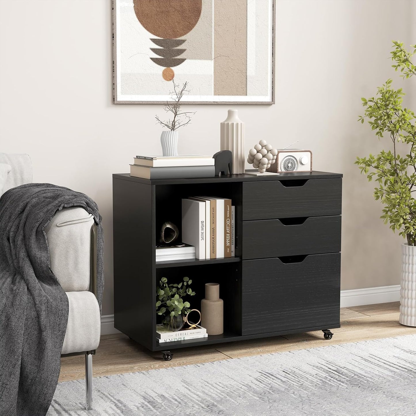 Giantex 3-Drawer File Cabinet, Mobile Printer Stand Cabinet with Adjustable Shelf, Rolling Lateral Filing Cabinet with Wheels for Letter, A4, Legal Size, for Home Office Organization (Black)