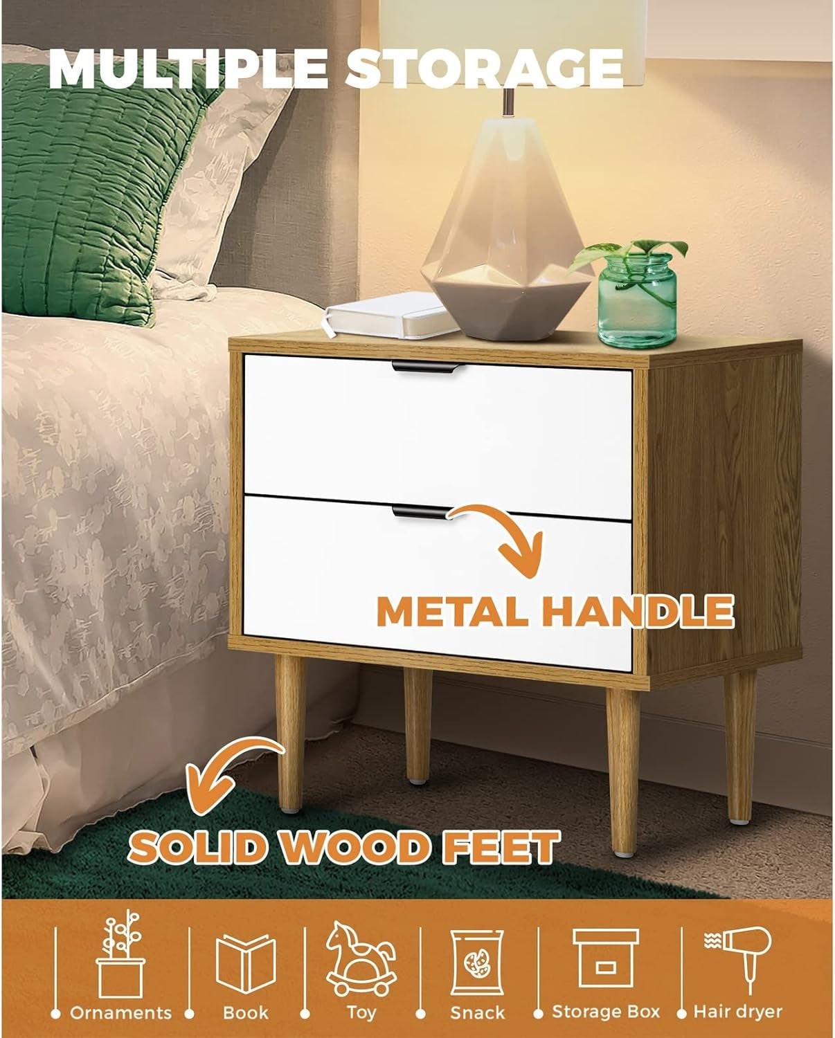 Bedside Tables 2 Drawers Side Tables Organiser Tall Nightstand Bedroom Furniture Storage Cabinet Wooden,White and Wood