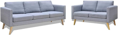 2-Piece Sofa Set - Includes a Two-Seater and a Three-Seater Sofa - Upholstered in Light Grey Fabric - with Sturdy Wooden Frame and Removable, Washable Cushion Covers