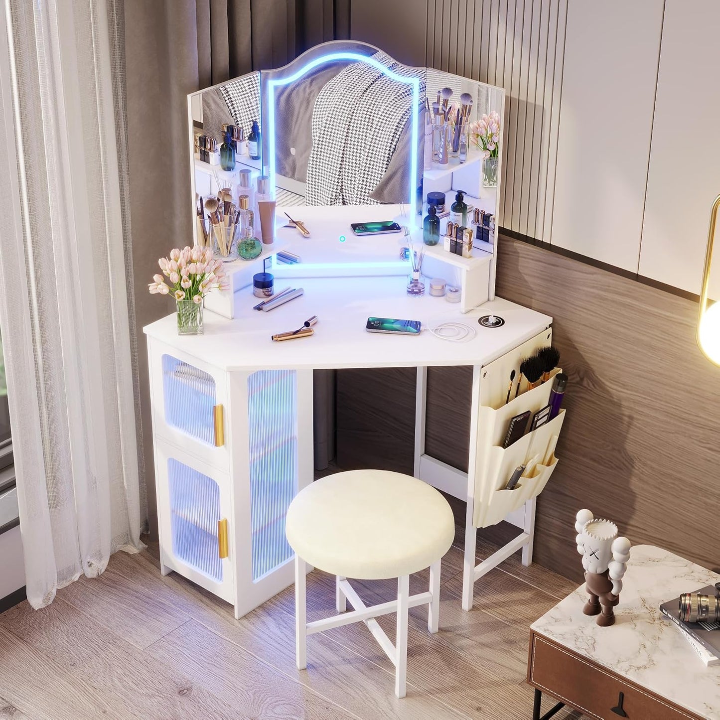 Dressing Table with Mirror and Lights, Charging Station, Corner Makeup Vanity with Storage Cabinet and Shelves, Modern Vanity Set with Stool for Bedroom (White)