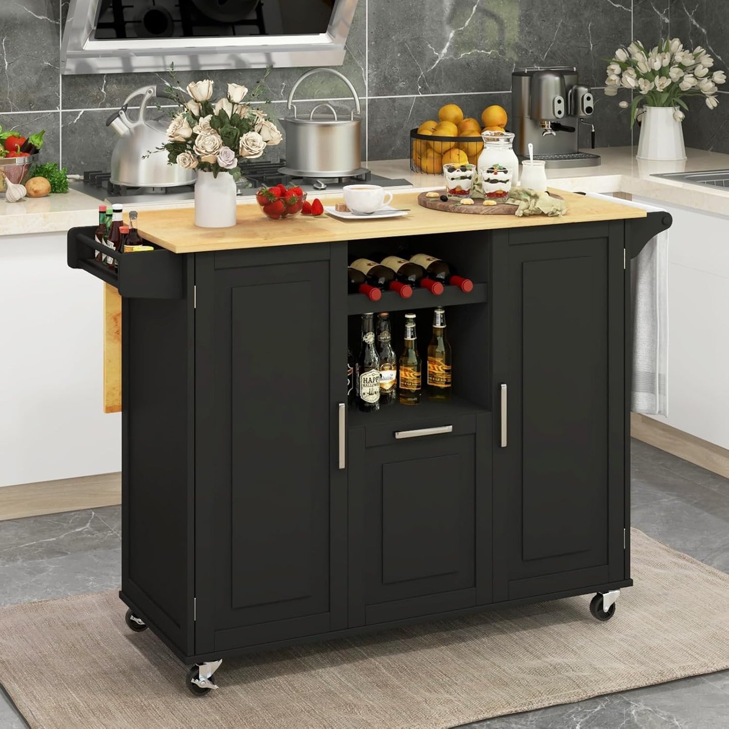 Rolling Kitchen Island Cart, Large Kitchen Island W/Drop-Leaf Countertop & 4 Rotatable Casters, Kitchen Trolley Cart with Deep Drawer, Open Wine Bottle Rack & Towel Bar (Black)