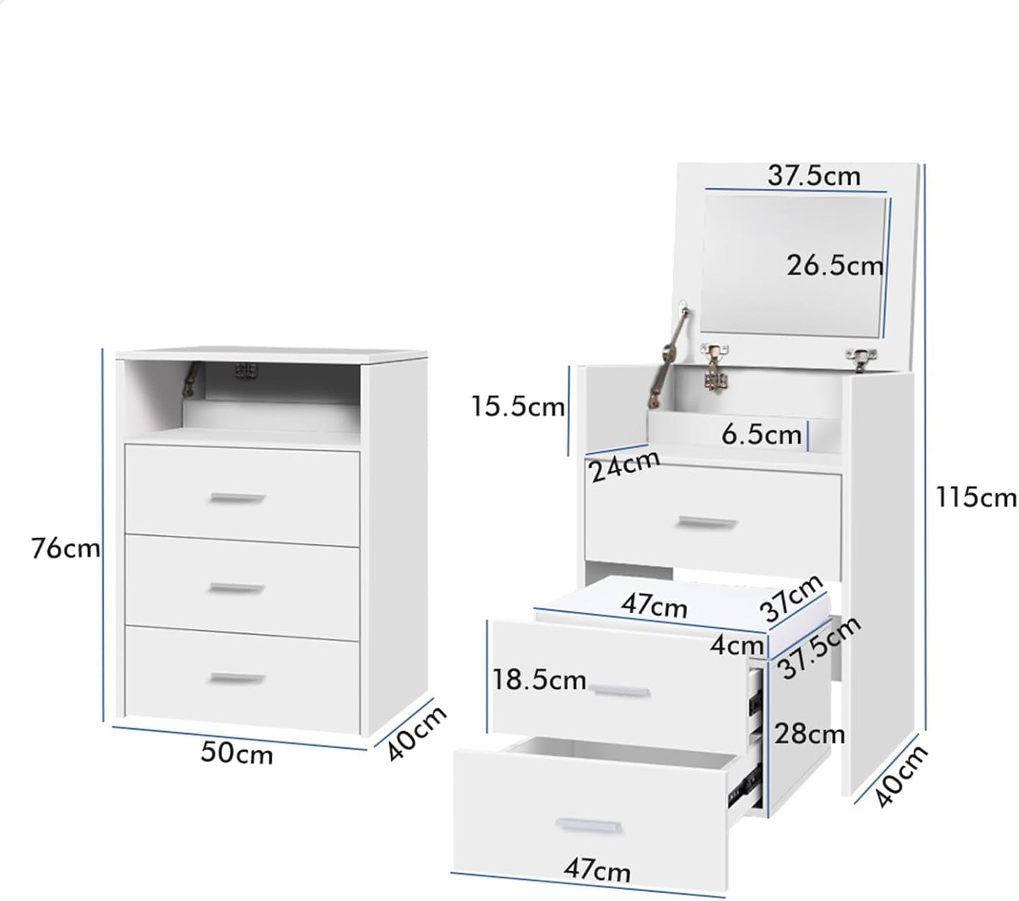 Vanity Desk, Dressing Table with Foldable Mirror and Multi Drawers, Small Makeup Desk with Hidden Stool, Corner Bedside Dressing Desk Chair Set for Bedroom Dressing Room, White