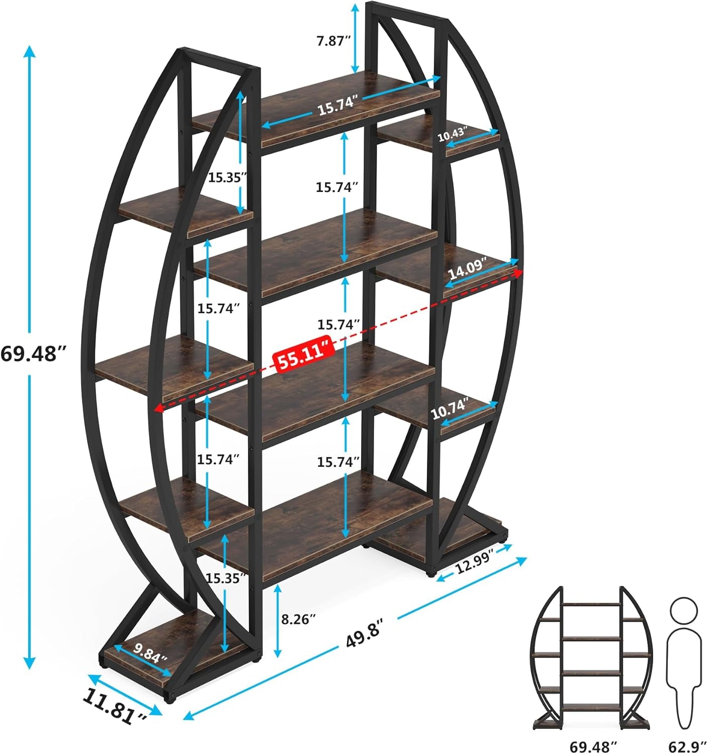Oval Bookshelf, Triple Wide 5 Tier Etagere Bookcase, Industrial Display Shelves for Living Room (Brown, 55")