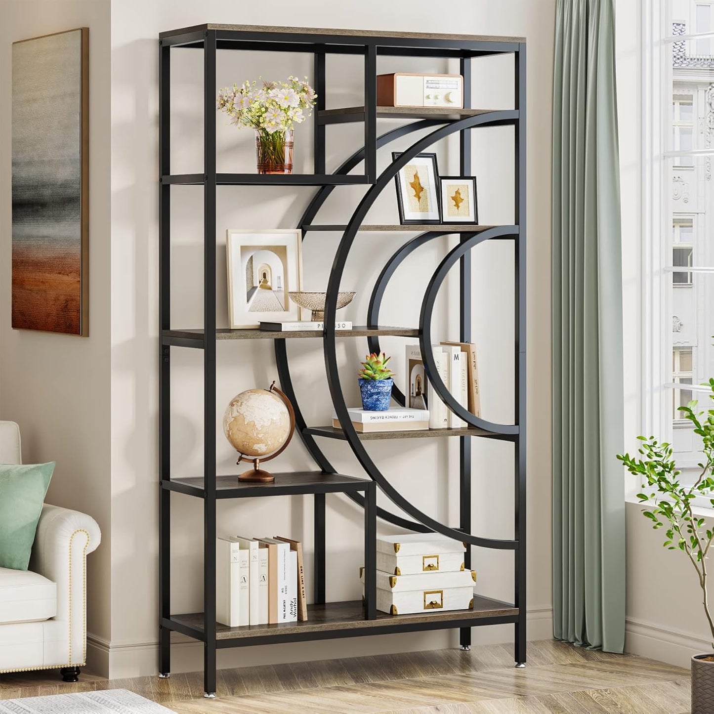Geometric Bookcase, 71 Inches, Industrial 8-Tiers Bookshelves, Rustic Etagere Bookcase with Metal Frame, Tall Freestanding Open Storage Shelving Units for Home Office, Living Room