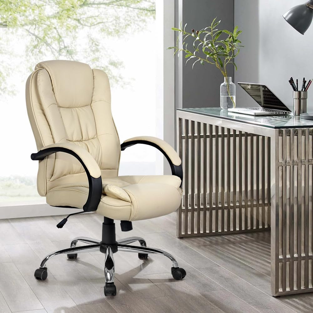 Artiss Gaming Chair Ergonomic Office Chairs Height Adjustable Leather Computer Desk Seat with 120° Recline, High Back and 360°-Swivel Seating Beige for Executive Home