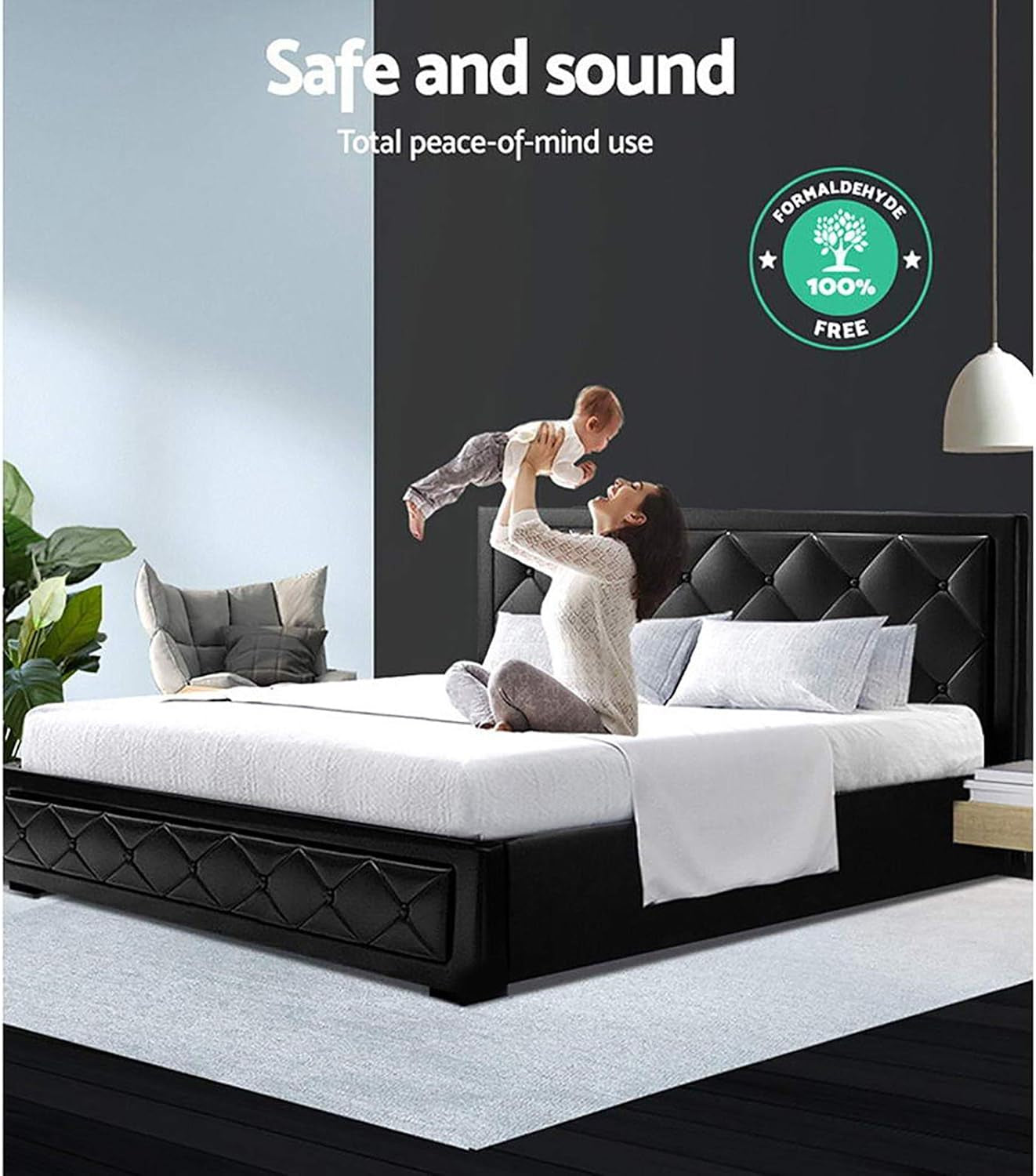 King Bed Frame Platform Tufted Headboard Frames Gas Lift Beds Base with Storage Space, Upholstered with Black PVC Leather + Foam + Wood
