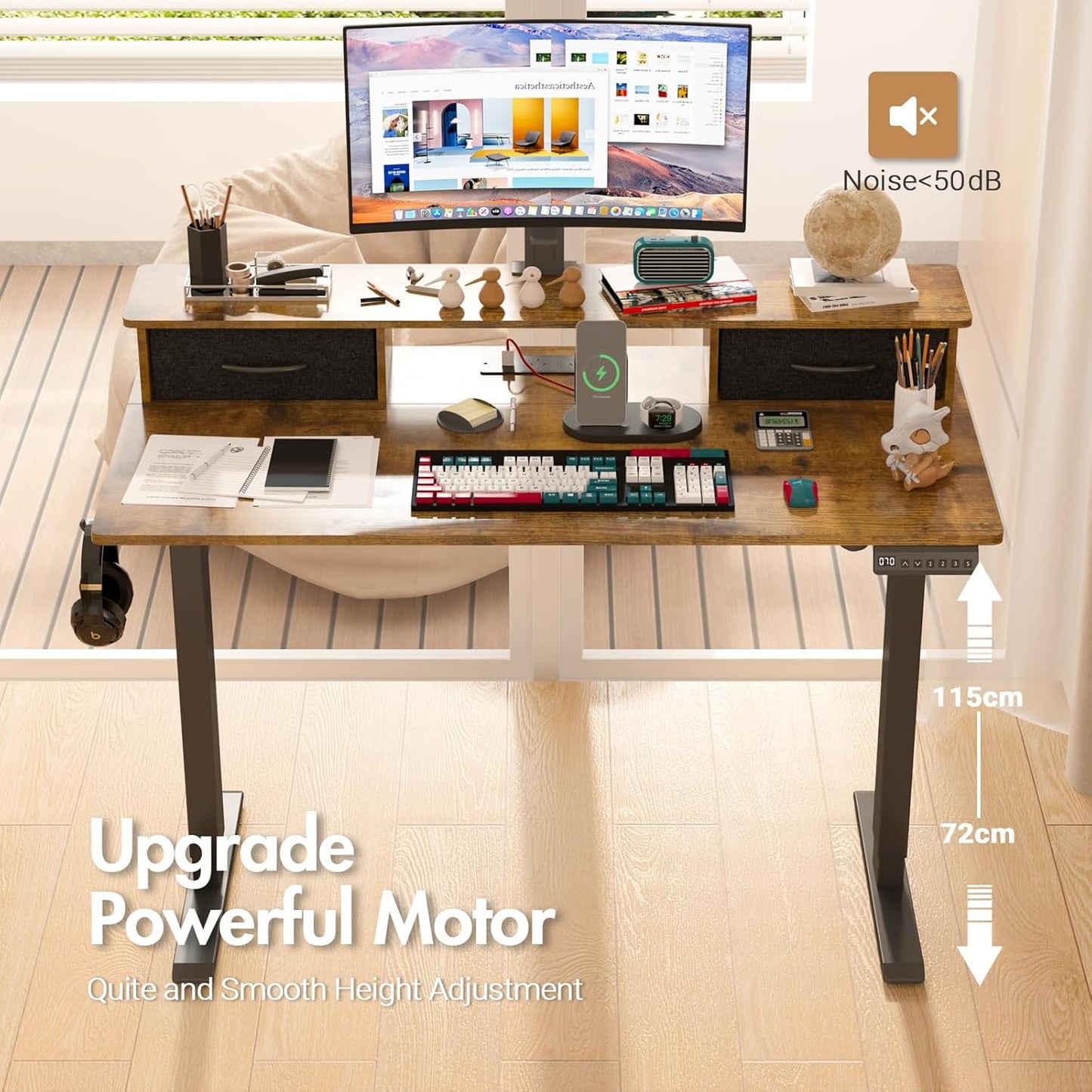 ADVWIN Electric Standing Desk with 2 Drawers, Adjustable Height Sit Stand up Desk with Storage Shelf, 120Cm Splice Board Walnut