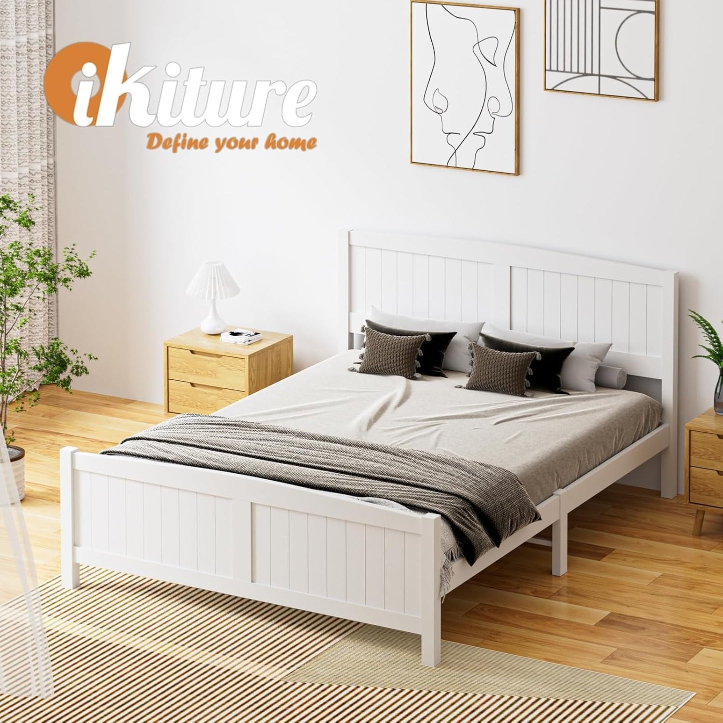 OIKITURE Queen Size Wooden Bed Frame Hampton-Style, Pinewood Bed Frame Platform with Bed Head and High Bed Leg - Compatible with Australian-Sized Mattresses, 211X161X94Cm 