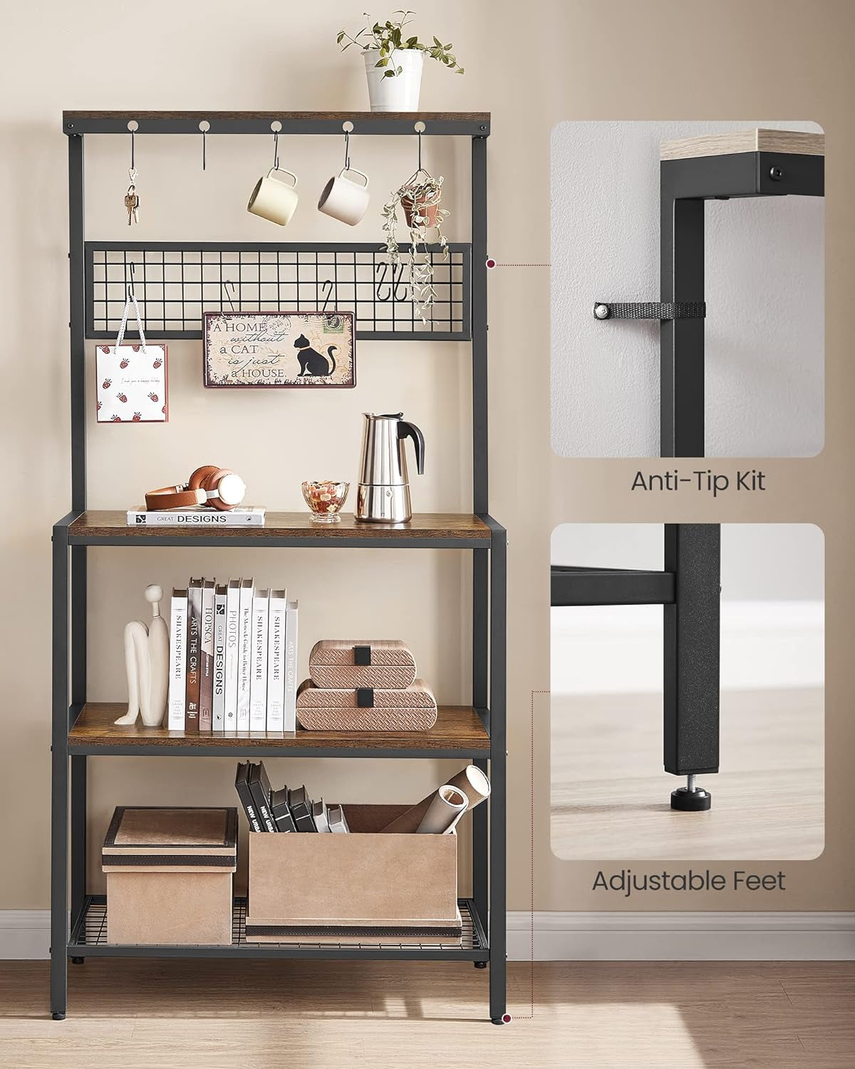 VASAGLE Bakers Rack, Coffee Bar, Kitchen Storage Shelf Rack with 10 Hooks, 3 Shelves, Adjustable Feet, for Microwave Oven, 15.7 X 33.1 X 66.9 Inches, Industrial, Rustic Brown and Black UKKS17BX