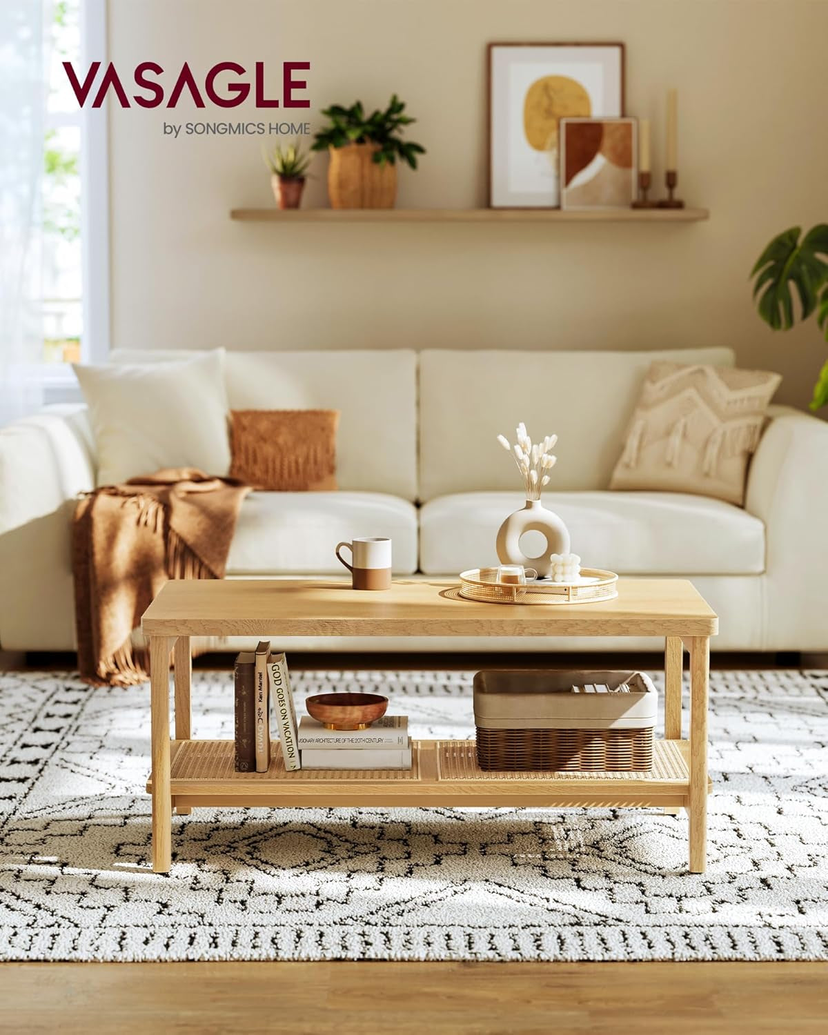 2-Tier Modern Coffee Table with PVC Rattan Storage Shelf, Rounded Corners, Easy Assembly, Boho Style, Oak Beige ULCT240Y57