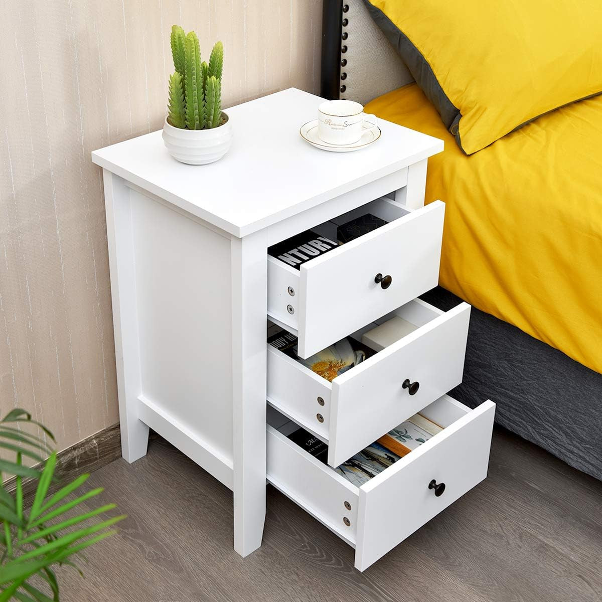 Giantex 2PCS End Side Table, Nightstand W/ 3 Drawers, Modern Bedside Cabinet, Wooden End Table W/Sturdy Structure, Accent Table W/Solid Wood Legs, Bedside Table Sofa Side Table for Bedroom Living Room