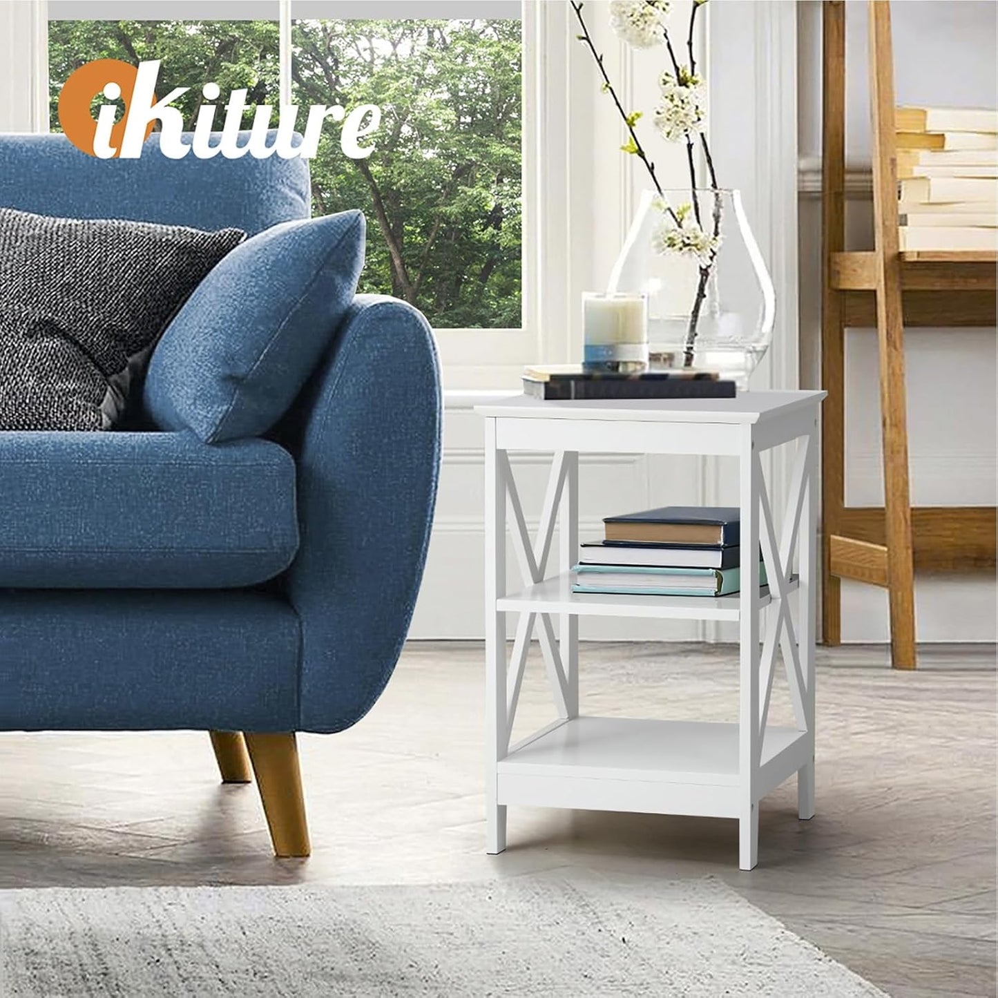 Oikiture End Table with 3-Tier Shelf Sofa Side Table Coffee beside Table White