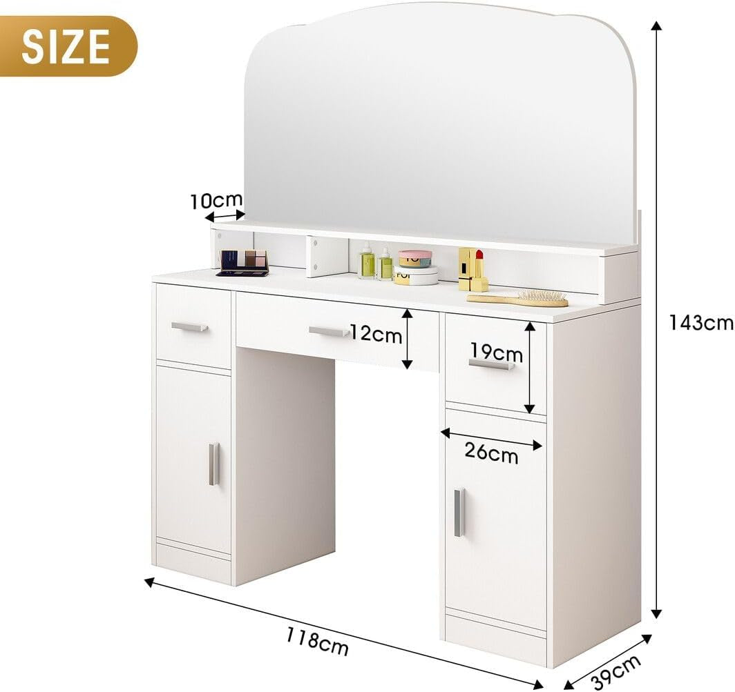 Dressing Table Vanity Table with Mirror Dresser Makeup Desk with 3 Drawers & 2 Door Storage Bedroom Furniture White