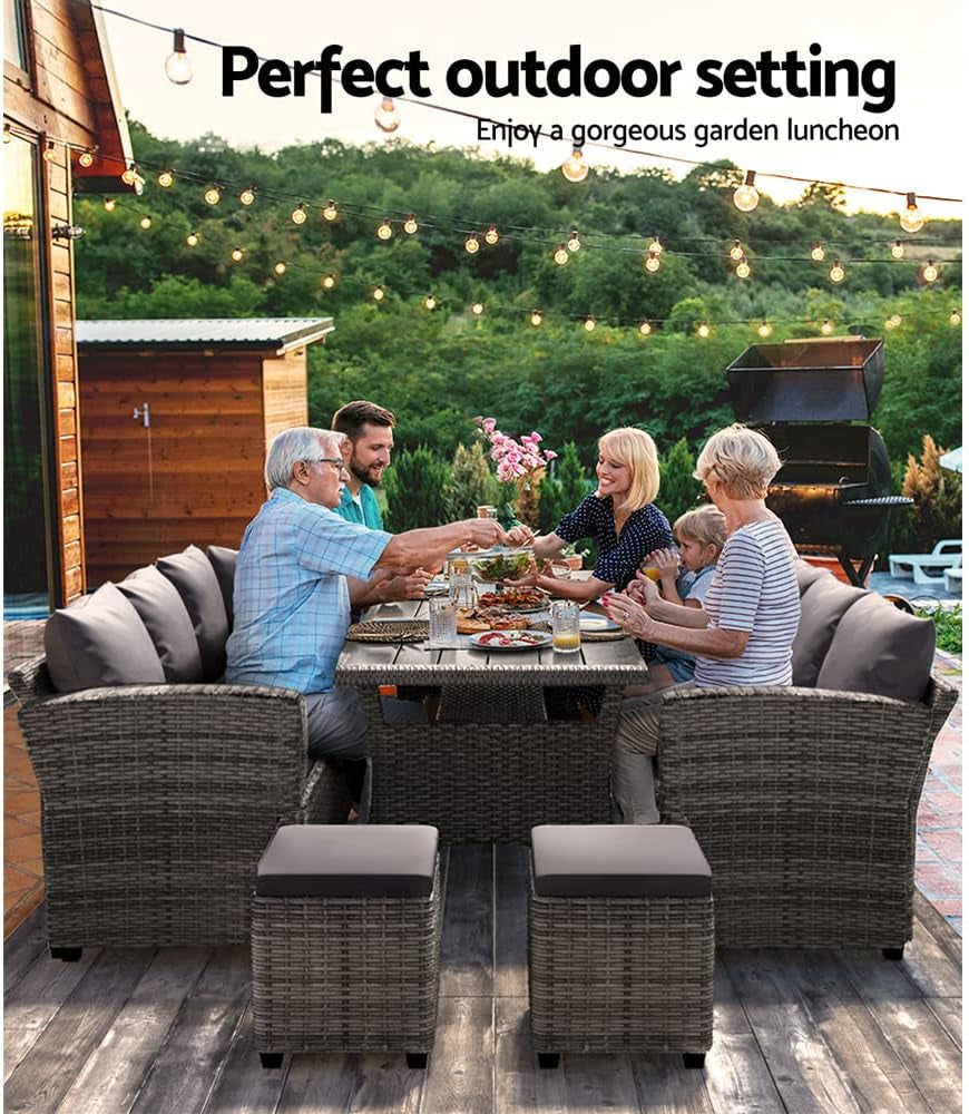 8 Seater Rattan Outdoor Table and Chairs Lounge Set Wicker Dining Tables Chair Setting Sofa, Patio Furniture Garden Backyard, Weather-Resistant Cushions Pillows Grey with Ottoman