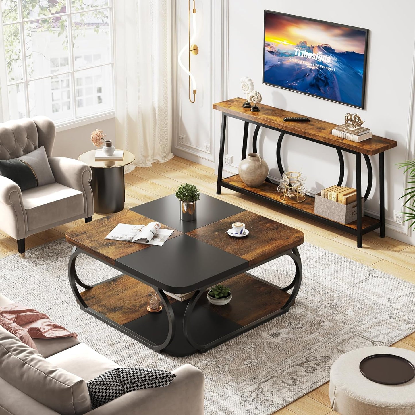 Coffee Table with Storage Shelf 100cm, 2-Tier Low Square Coffee Table with Farmhouse Wood Tabletop Heavy Duty Metal Curved Frame, Black Rustic Brown