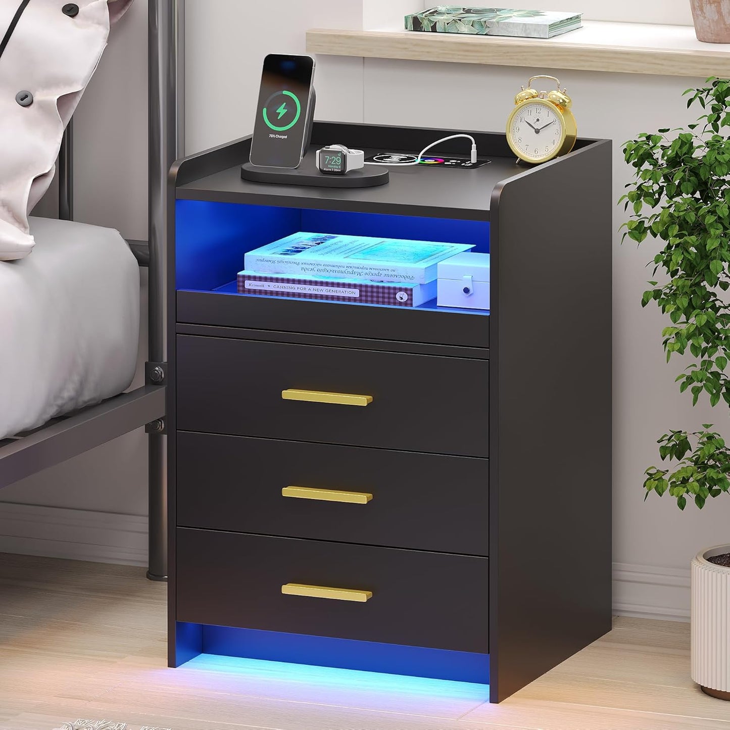 Nightstand with Wireless Charging Station Bedside Table with RGB Light & Human Sensor Design 3 Drawers LED Modern Night Stand End Table for Bedroom, Black