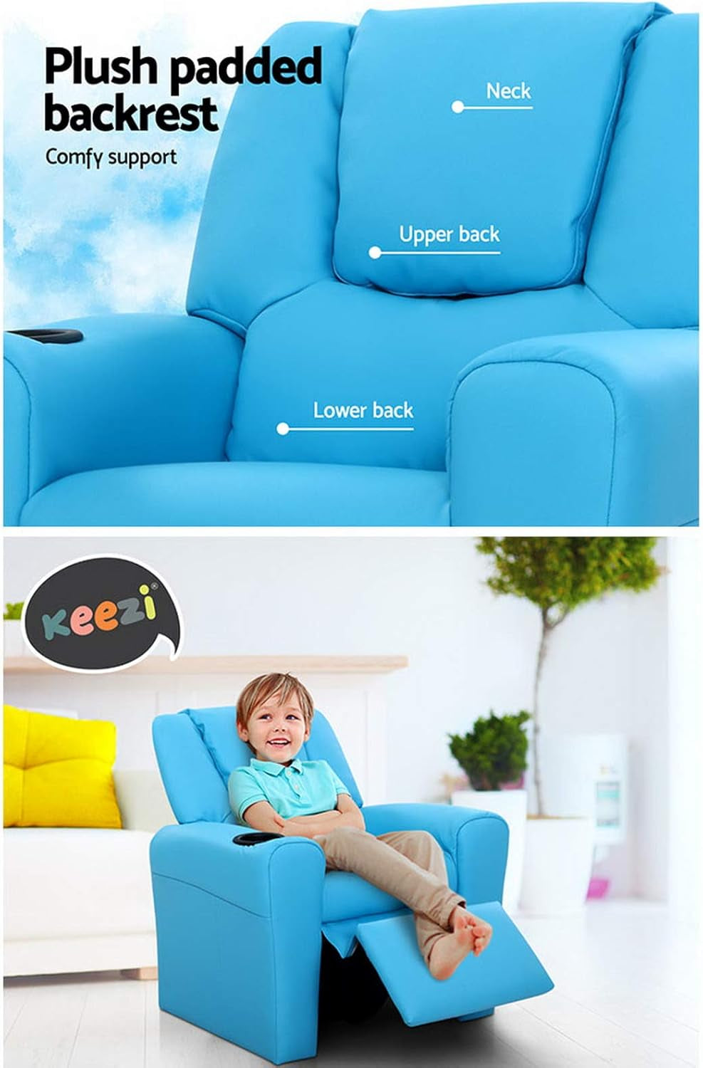 Keezi Kids Recliner Chair, PU Leather Sofa Couch Armchair Loungefly Outdoor Lounge Chairs Home Bedroom Living Room Playroom Children Furniture, Thick Foam Padding Adjustable Precise Recline Blue