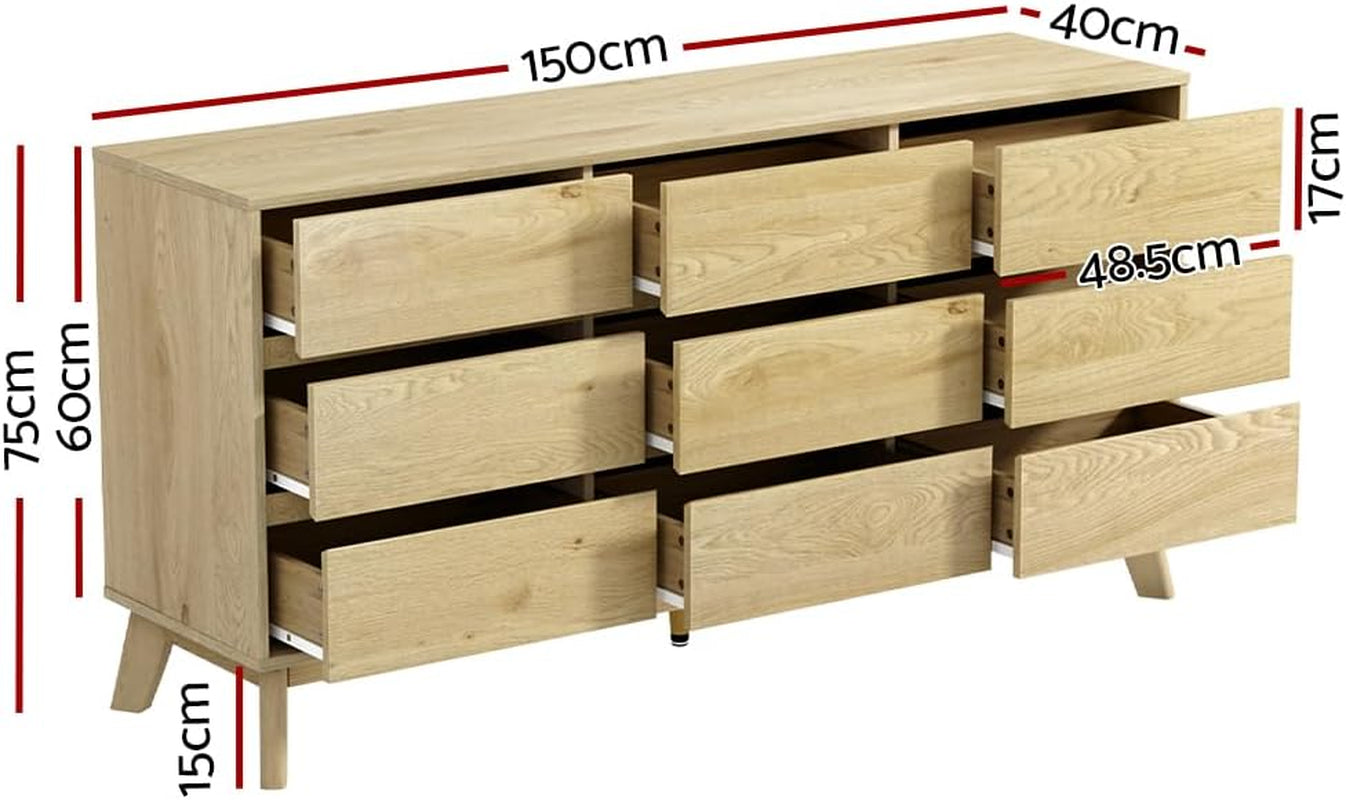 Chest of Drawers with 9 Drawer, Oak Wood Dresser Tallboy Storage Cabinet Board Side Tables Desk