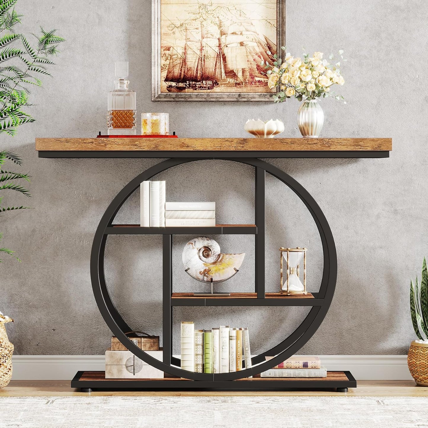Rustic Console Table Hallway,105Cm Console Table, 4-Tier Entryway Console Table, Narrow Hall Table with Storage Shelves for Living Room, Foyer, Rustic Brown