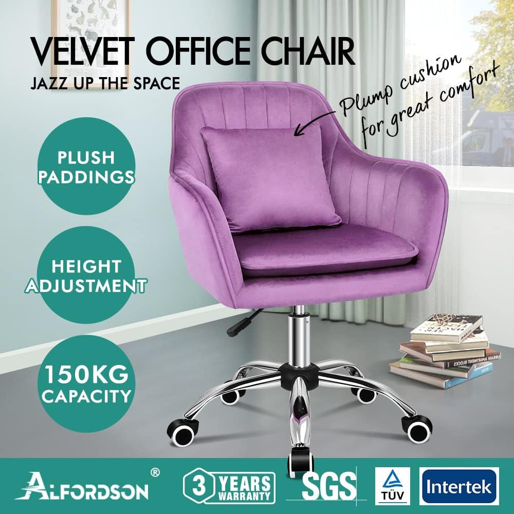 ALFORDSON Velvet Office Chair Swivel Fabric Armchair Computer Desk Chair Modern Home Office Chair Height Adjustable Mid-Back Task Chair for Kids Adult Study Work, Living Room, Bedroom (Orla Purple)
