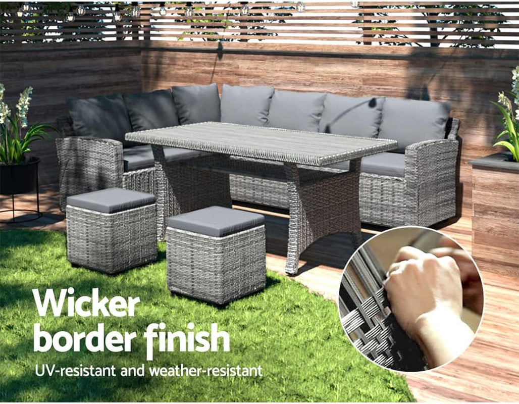 8 Seater Rattan Outdoor Table and Chairs Lounge Set Wicker Dining Tables Chair Setting Sofa, Patio Furniture Garden Backyard, Weather-Resistant Cushions Pillows Grey with Ottoman