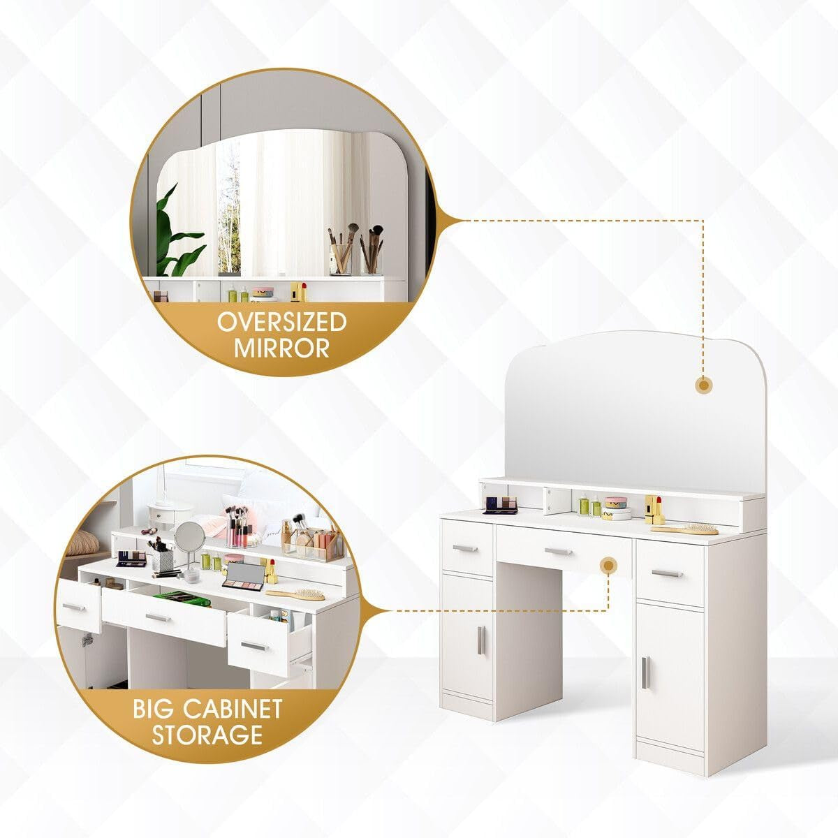 Dressing Table Vanity Table with Mirror Dresser Makeup Desk with 3 Drawers & 2 Door Storage Bedroom Furniture White