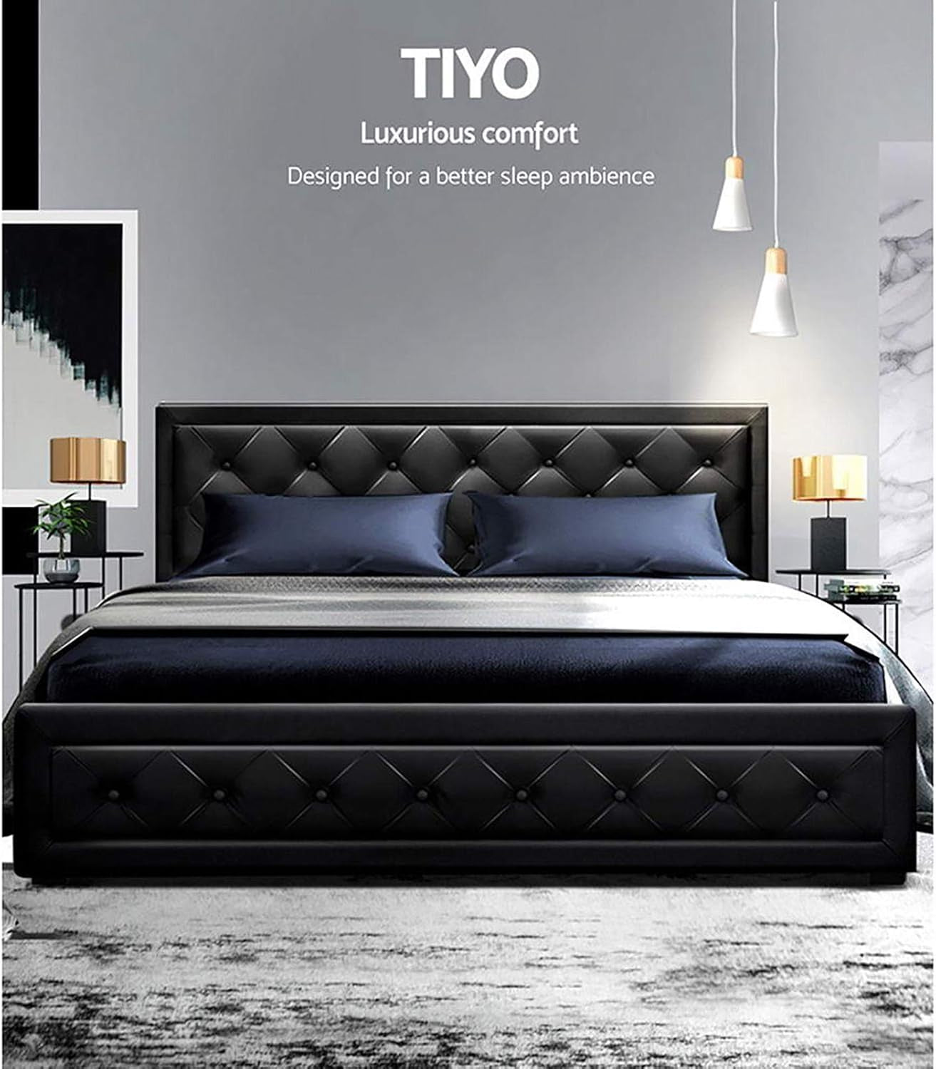 King Bed Frame Platform Tufted Headboard Frames Gas Lift Beds Base with Storage Space, Upholstered with Black PVC Leather + Foam + Wood