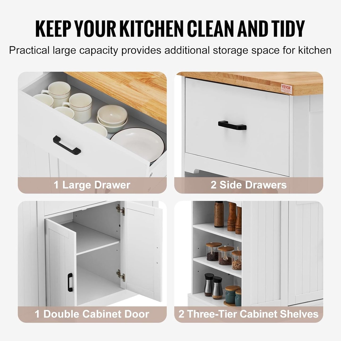 Kitchen Island Cart, 46" Wood Top Breakfast Bar with Storage Cabinet, Farmhouse Kitchen Table with Adjustable Shelf, Drawer, for Dining Kitchen Living Room, White