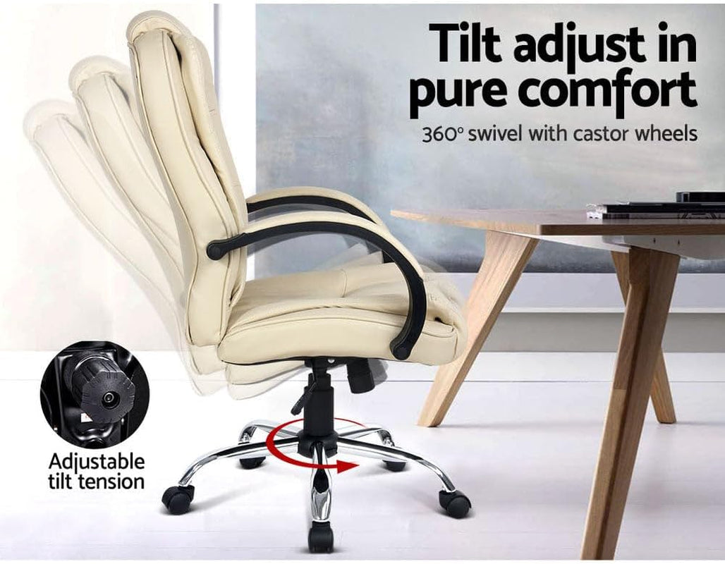 Artiss Gaming Chair Ergonomic Office Chairs Height Adjustable Leather Computer Desk Seat with 120° Recline, High Back and 360°-Swivel Seating Beige for Executive Home