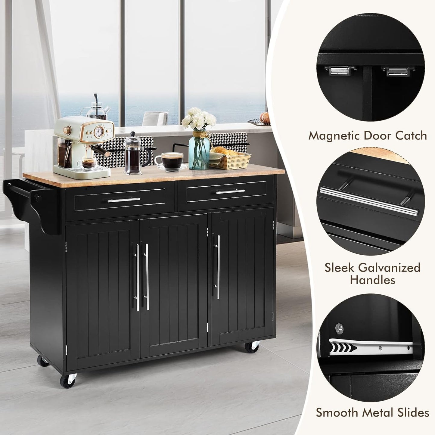 Mobile Kitchen Island Cart, Rolling Storage Trolley with Towel Bar, 2 Deep Drawers, 3 Door Cabinets, Swivel Casters, Rubber Wood Top, for Kitchen Dining Room (Black)