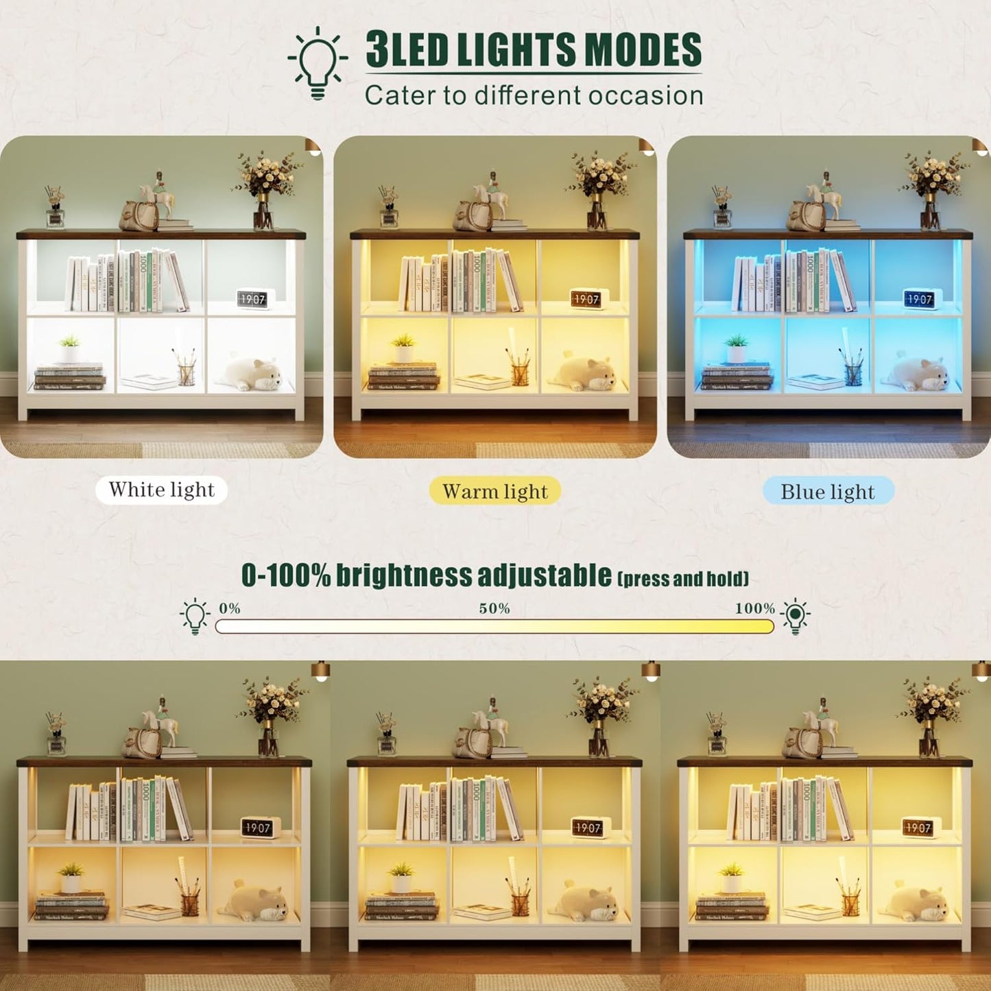 Bookcase Bookshelves - Farmhouse White Bookcase with Led Lights, 6 Cube Kids Book Cases with Open Shelf, Wood Bookshelf for TV Stand, Bedroom, Living Room