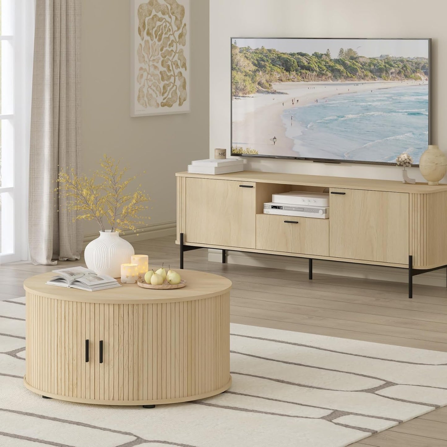 Round Coffee Table with Storage, Mid Century Modern Coffee Table with Sliding Cabinet Door, Wood Coffee Table for Living Room Oak