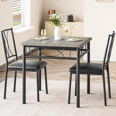 Dining Table Set for 2, 3 Piece Kitchen Table Set with 2 Upholstered Chairs, Square Kitchen Table Set for Small Space, Retro Gray