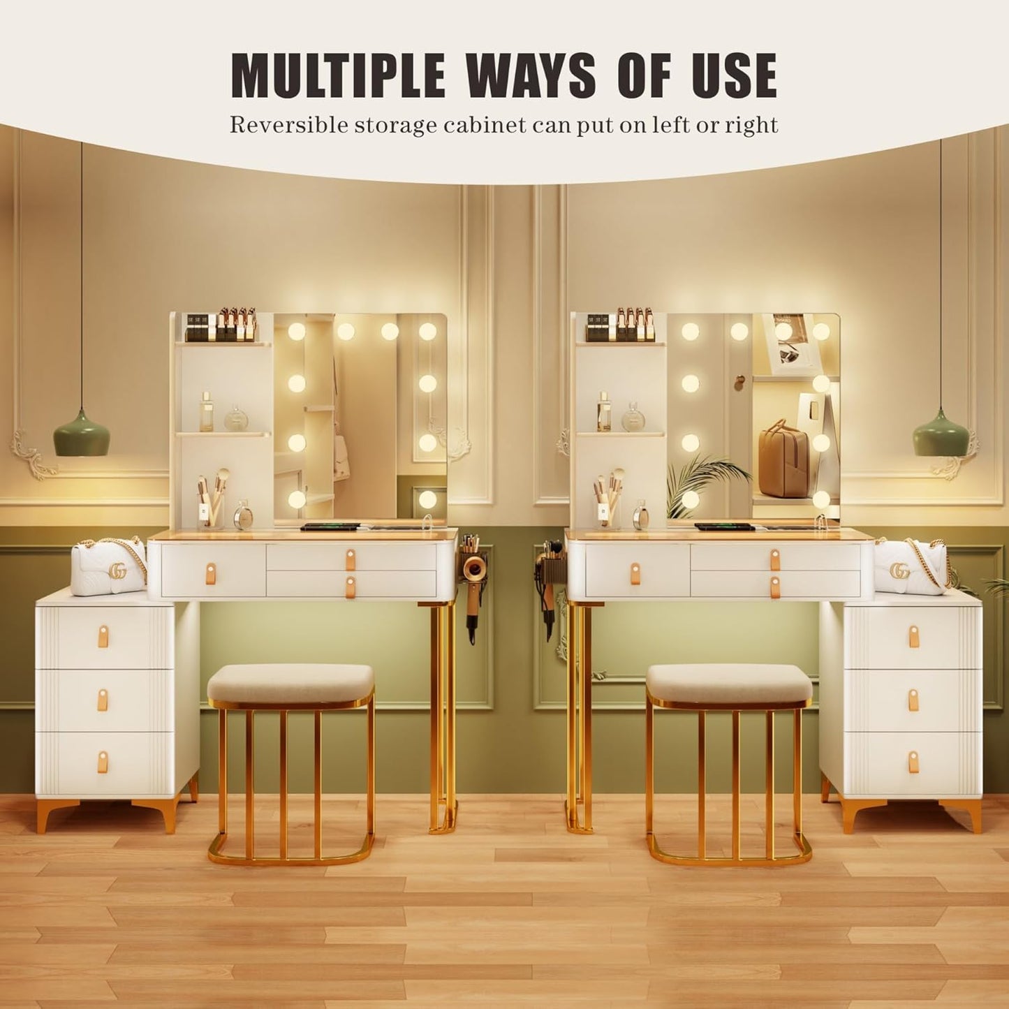Vanity Table with Mirror and Lights with Drawers & 2 Shelves with 10 Light Bulbs/Charging Station, White
