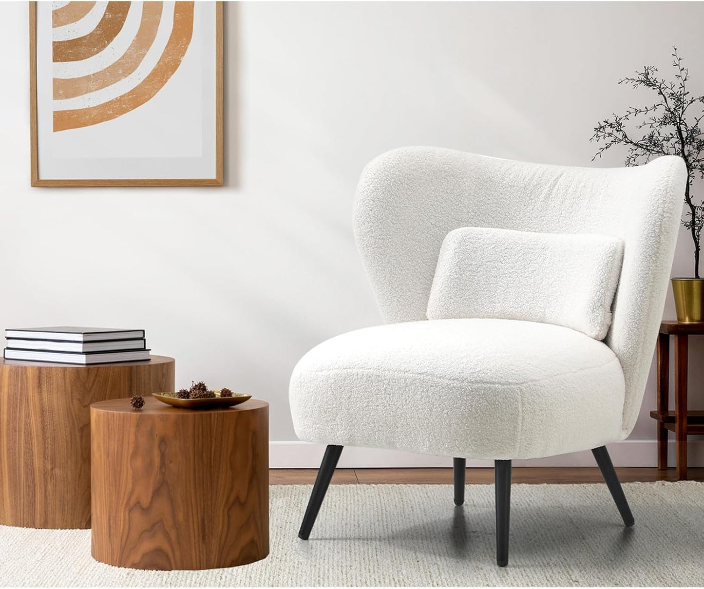 Oikiture Boucle Armchair with Lumbar Pillow and Wingback Velvet Lounge Sofa Accent Chair White