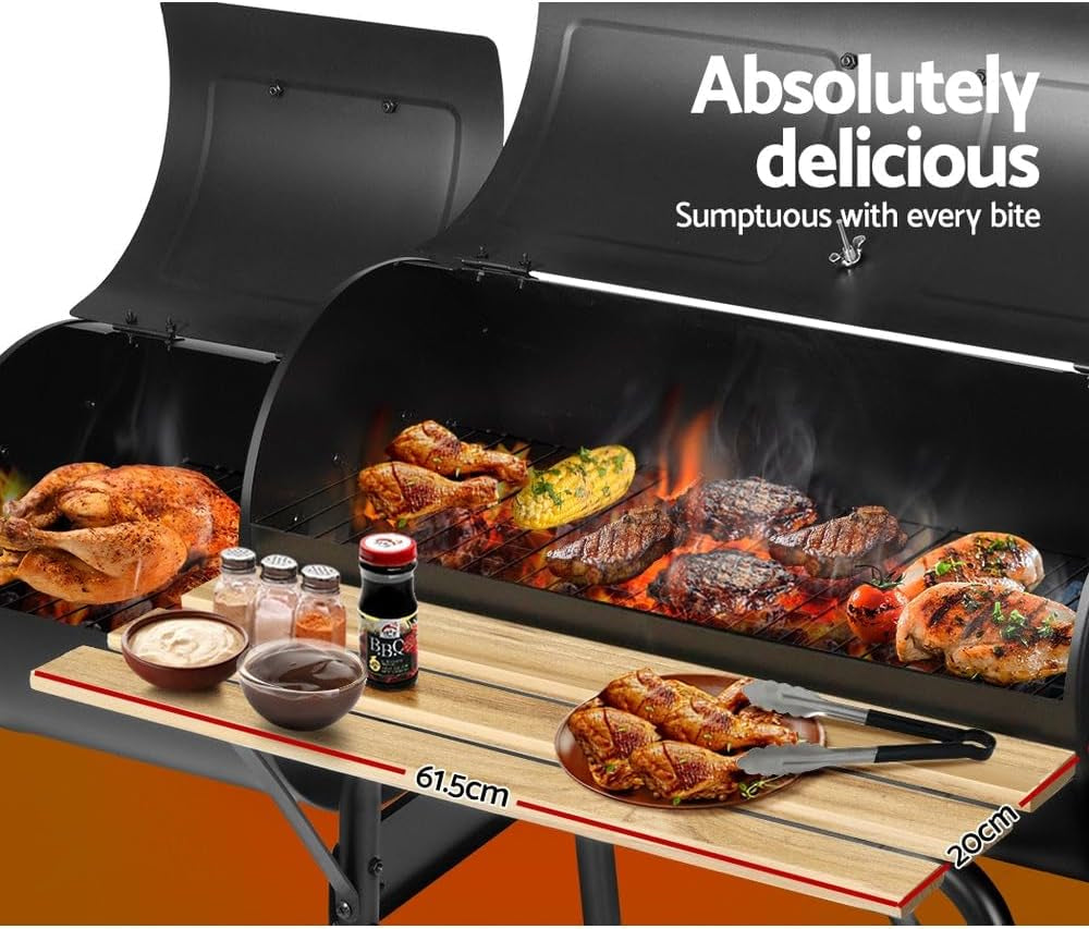 Charcoal BBQ Grill, Smoker Cooking Tool, with Wheels Stainless Steel Rack Black
