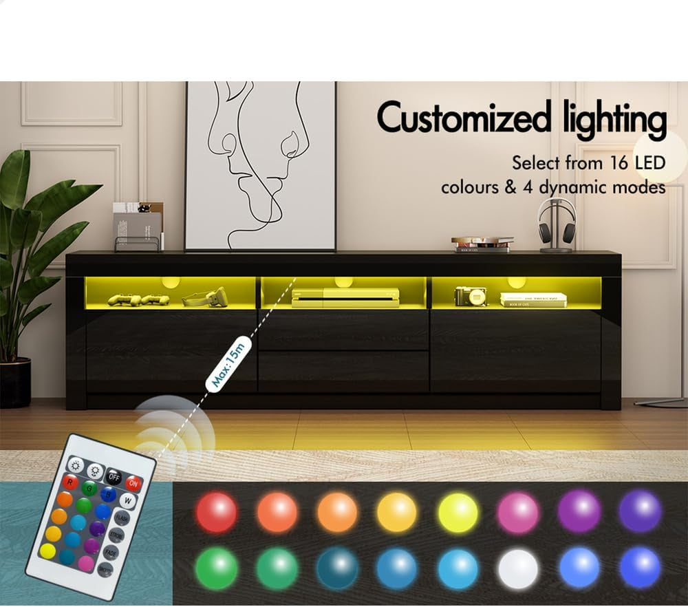 ALFORDSON LED Light TV Cabinet Stand with Storage Cabinet, Shelves and Drawers, Entertainment Unit with Shelves & 2 Drawers, RGB Minimalist Design Multimedia Centres,180X35X60Cm, Black