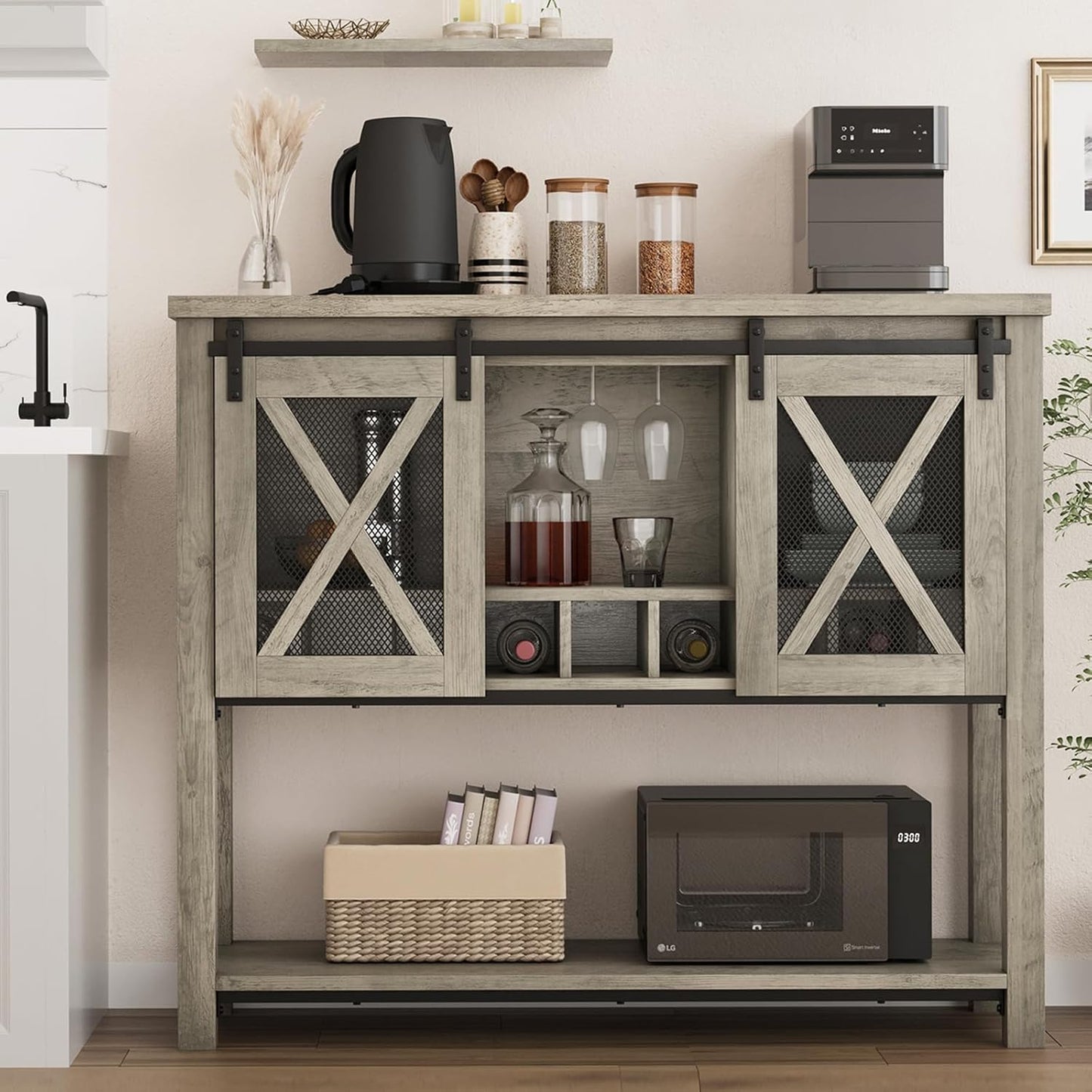 Coffee Bar Cabinet, Sideboard Buffet Storage Cabinet with Storage, Farmhouse Wine Bar Cabinet with Wine Glass Rack, Liquor Cabinet Bar for Home, Kitchen, Dining, Living Room, Grey