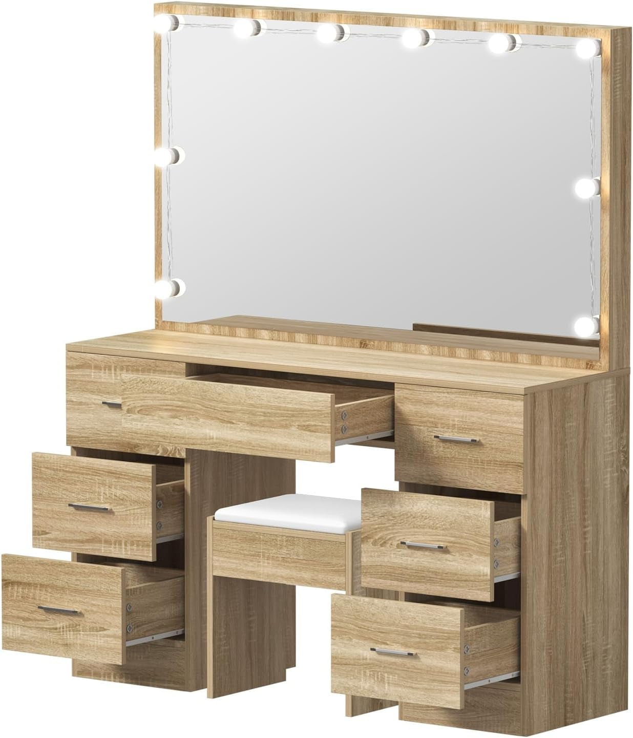 Dressing Table with Extra Biggest Mirror 113Cm Makeup Mirror Vanity Desk with 7 Storage Drawers and Stool Wood