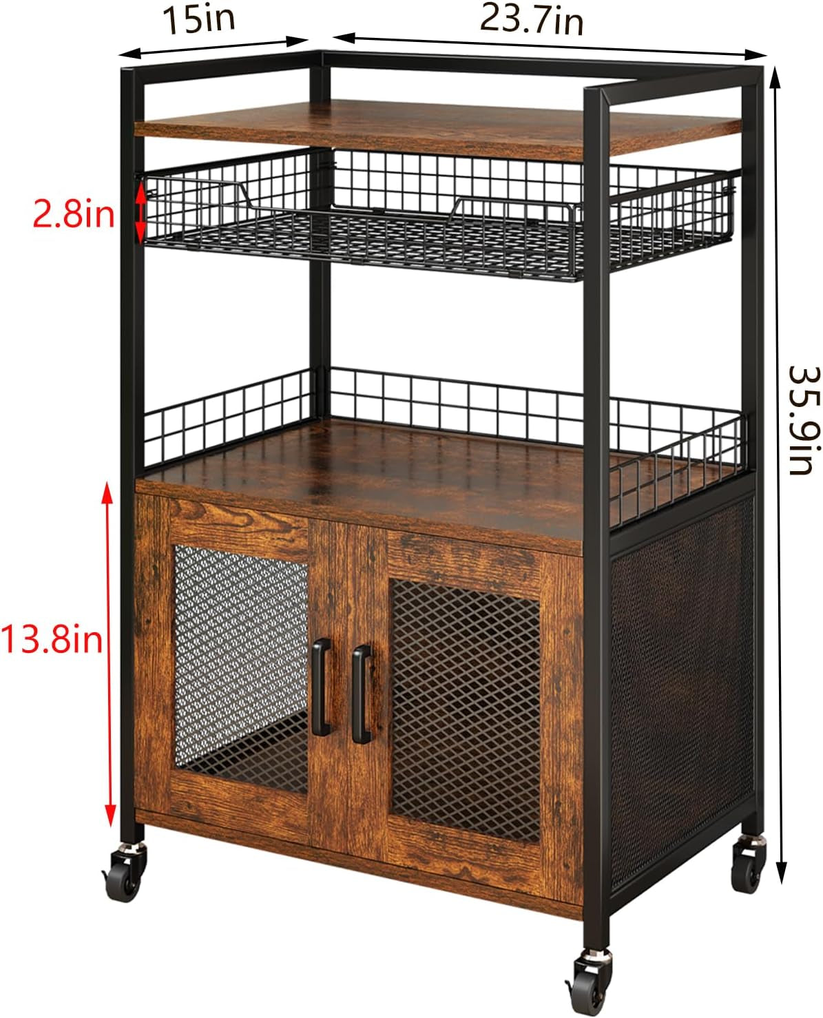 Coffee Bar Cabinet, 3 Tier Coffee Station Table on Wheels, 35.9'' H Bar Cart with Wire Basket Drawer & 5 Hooks for Home Kitchen