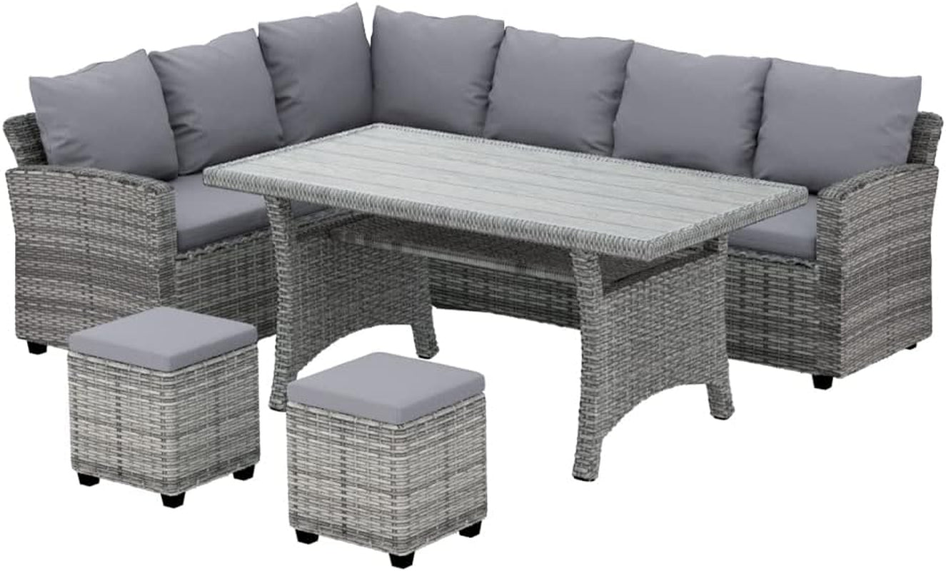 8 Seater Rattan Outdoor Table and Chairs Lounge Set Wicker Dining Tables Chair Setting Sofa, Patio Furniture Garden Backyard, Weather-Resistant Cushions Pillows Grey with Ottoman