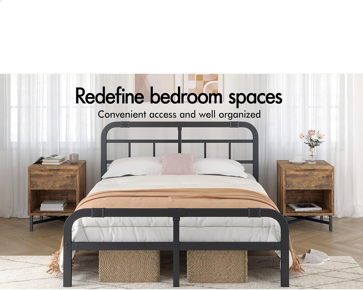 Wooden Bedside Table with Metal Frame Base, Compact Nightstand with Drawer and Shelf, 40 X 39.5 X 50.5Cm, Wood