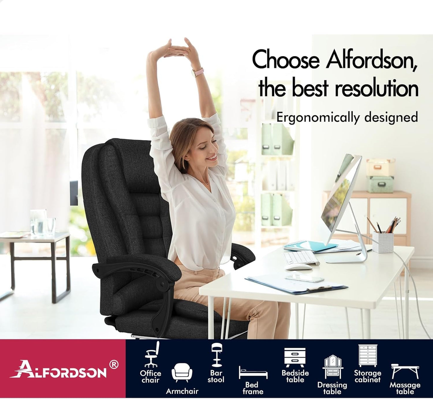 ALFORDSON Executive Office Chair High Back Massage with Footrest, Ergonomic Computer Chair Home Desk Chair, Video Game Recliner Gaming Chairs, 180Kg Capacity (Fabric Black)