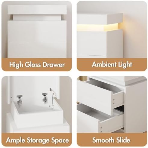 LED Bedside Table, Nightstand with Lift up Storage and 3 Drawers, Storage Cabinet for Bedroom Living Room, High Gloss White