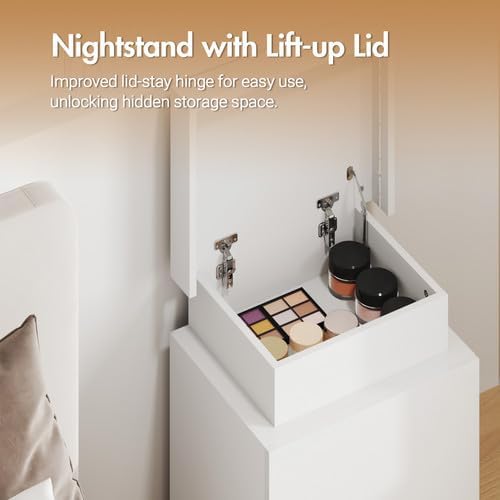 LED Bedside Table, Nightstand with Lift up Storage and 3 Drawers, Storage Cabinet for Bedroom Living Room, High Gloss White