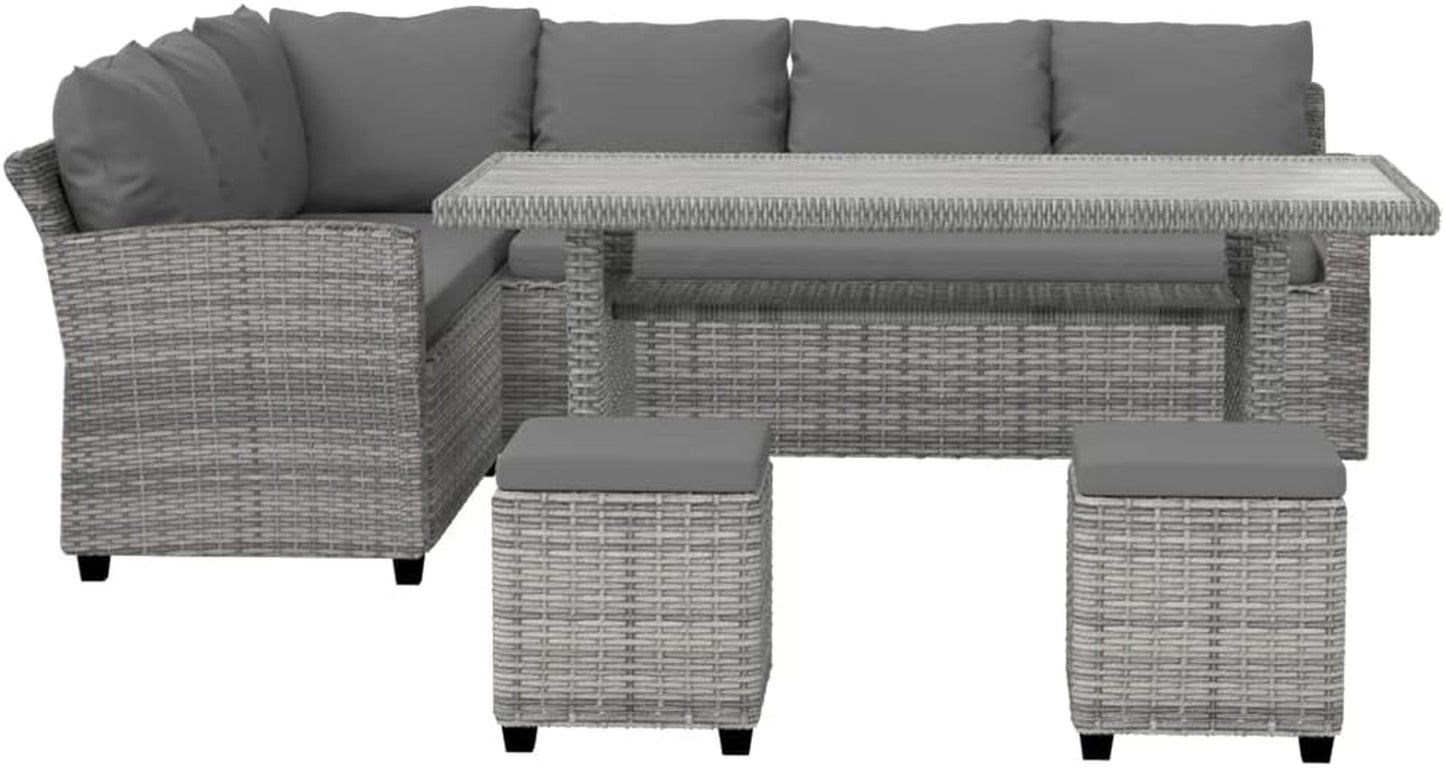 8 Seater Rattan Outdoor Table and Chairs Lounge Set Wicker Dining Tables Chair Setting Sofa, Patio Furniture Garden Backyard, Weather-Resistant Cushions Pillows Grey with Ottoman