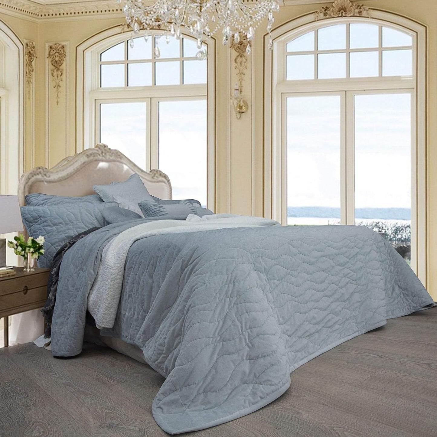 Hampton Style Luxe Velvet Bedspread Set - Ice Blue Queen