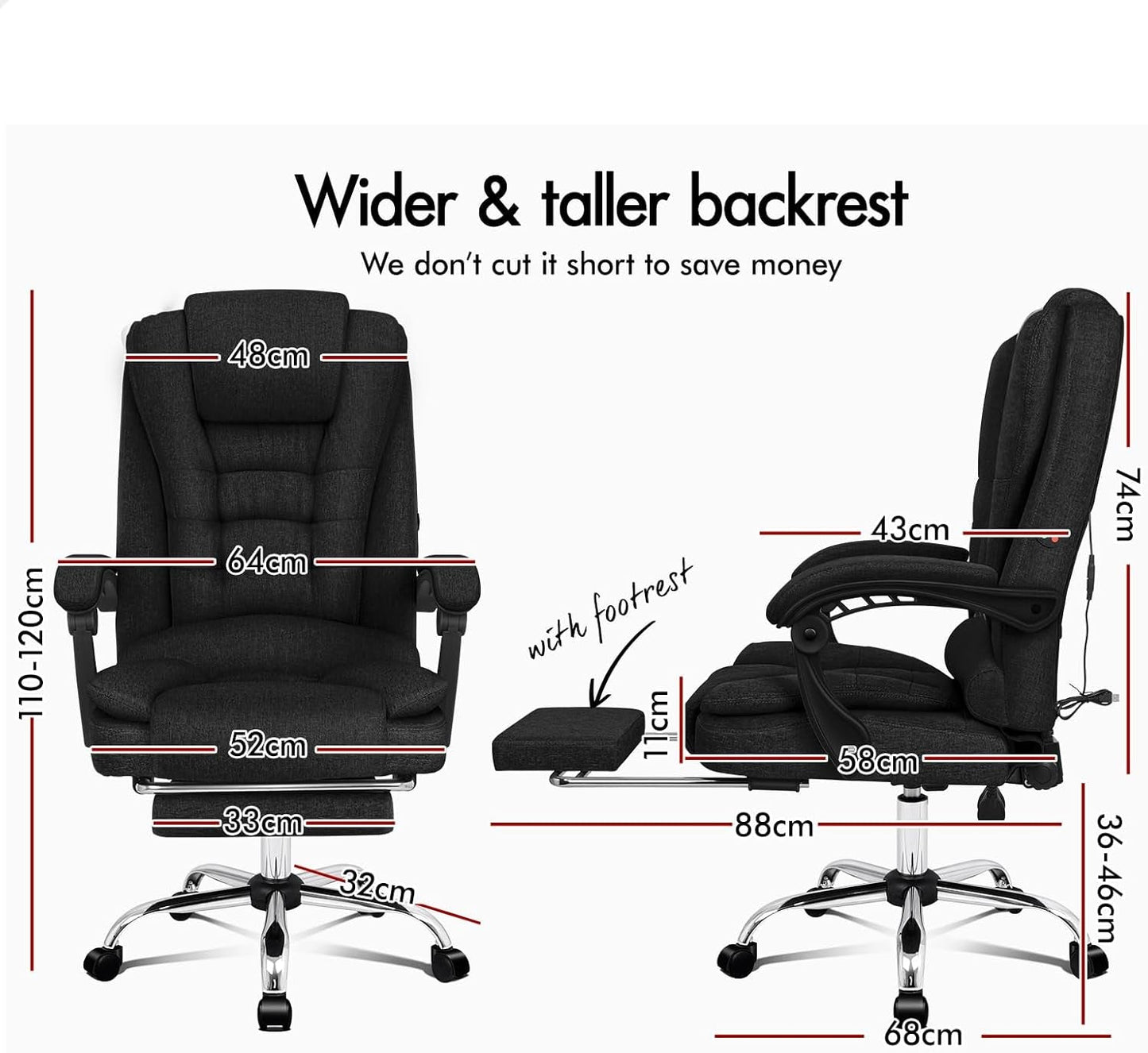 ALFORDSON Executive Office Chair High Back Massage with Footrest, Ergonomic Computer Chair Home Desk Chair, Video Game Recliner Gaming Chairs, 180Kg Capacity (Fabric Black)