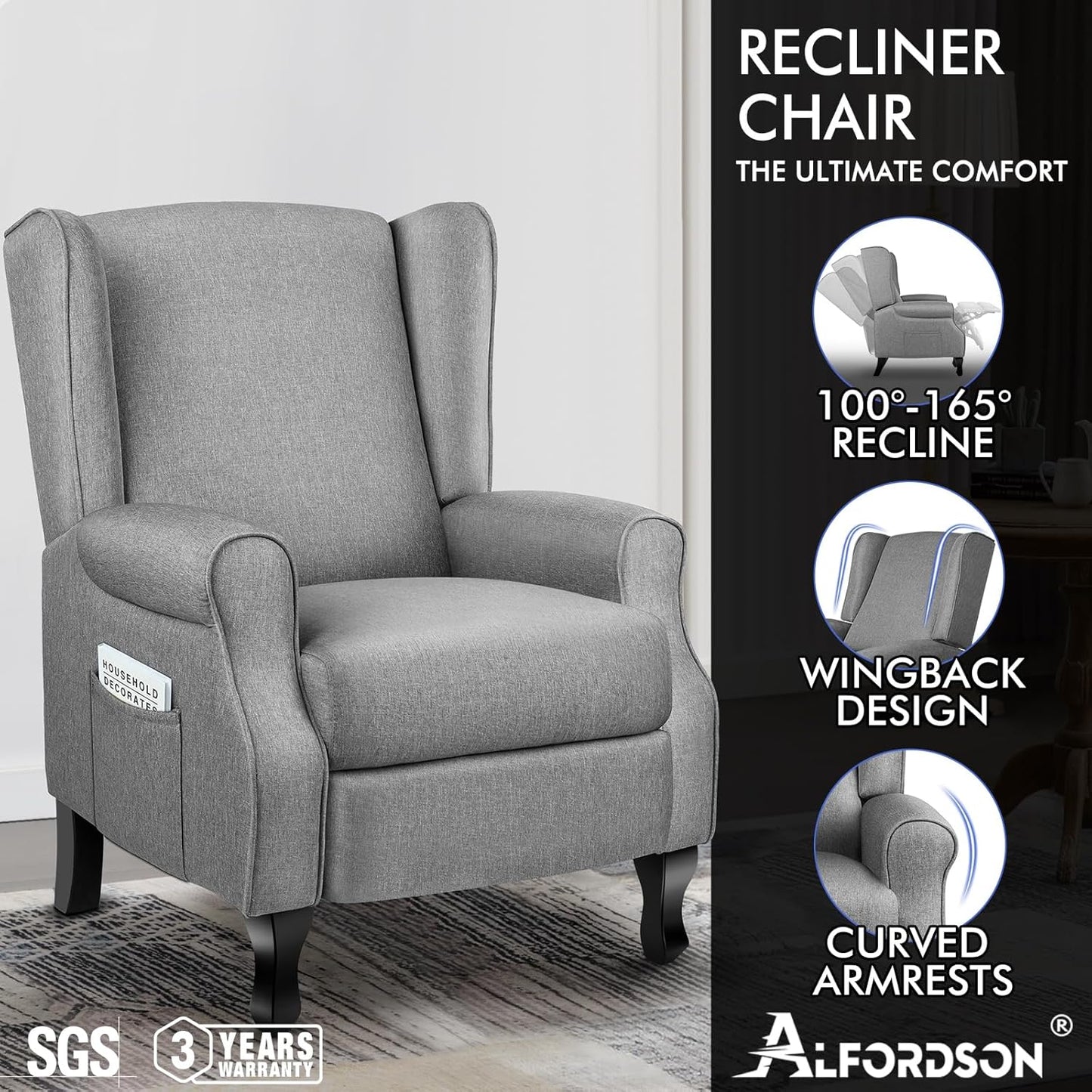 ALFORDSON Grey Sofa Armchair, Recliner Chair for Lounge, Ergonomic Rocking Lounge Home Furniture with 165° Push Back Recline and Padded Seat for Home Bedroom, Living Room Andoffice