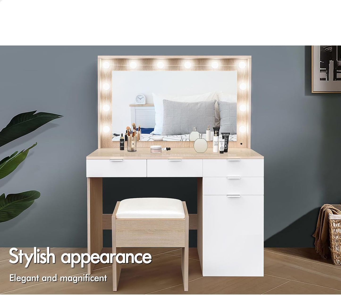 Dressing Makeup Table & Stool Set, Vanity Desk with Mirror 12 LED Light Bulbs in Adjustable 3-Colour, Jewellery Dresser Organiser with Drawers for Bedroom Dressing Room, Wood White